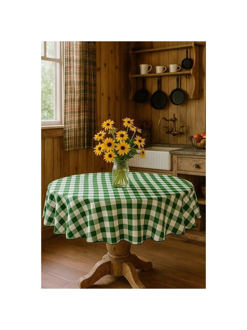 70-Inch Round Polyester Tablecloth Green & White Checker Linen Tablecloth Durabl - Picture 4 of 8